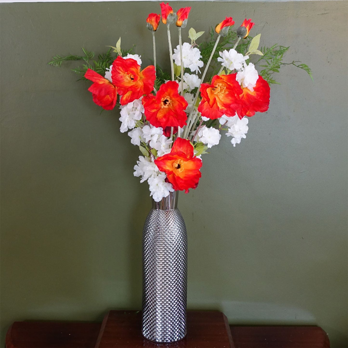 100cm Artificial Poppy and White Blossom Arrangement Glass Vase – image 4