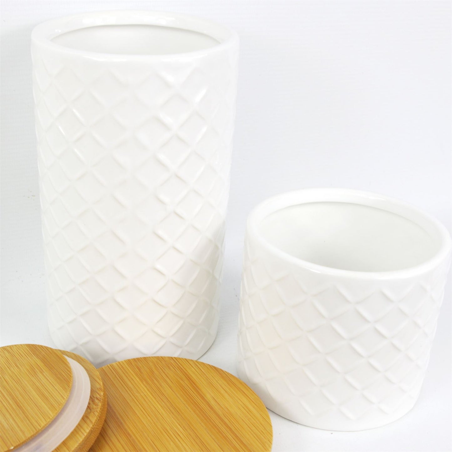Set of Two Ceramic Jars Embossed Cream Canisters with Lids – image 3
