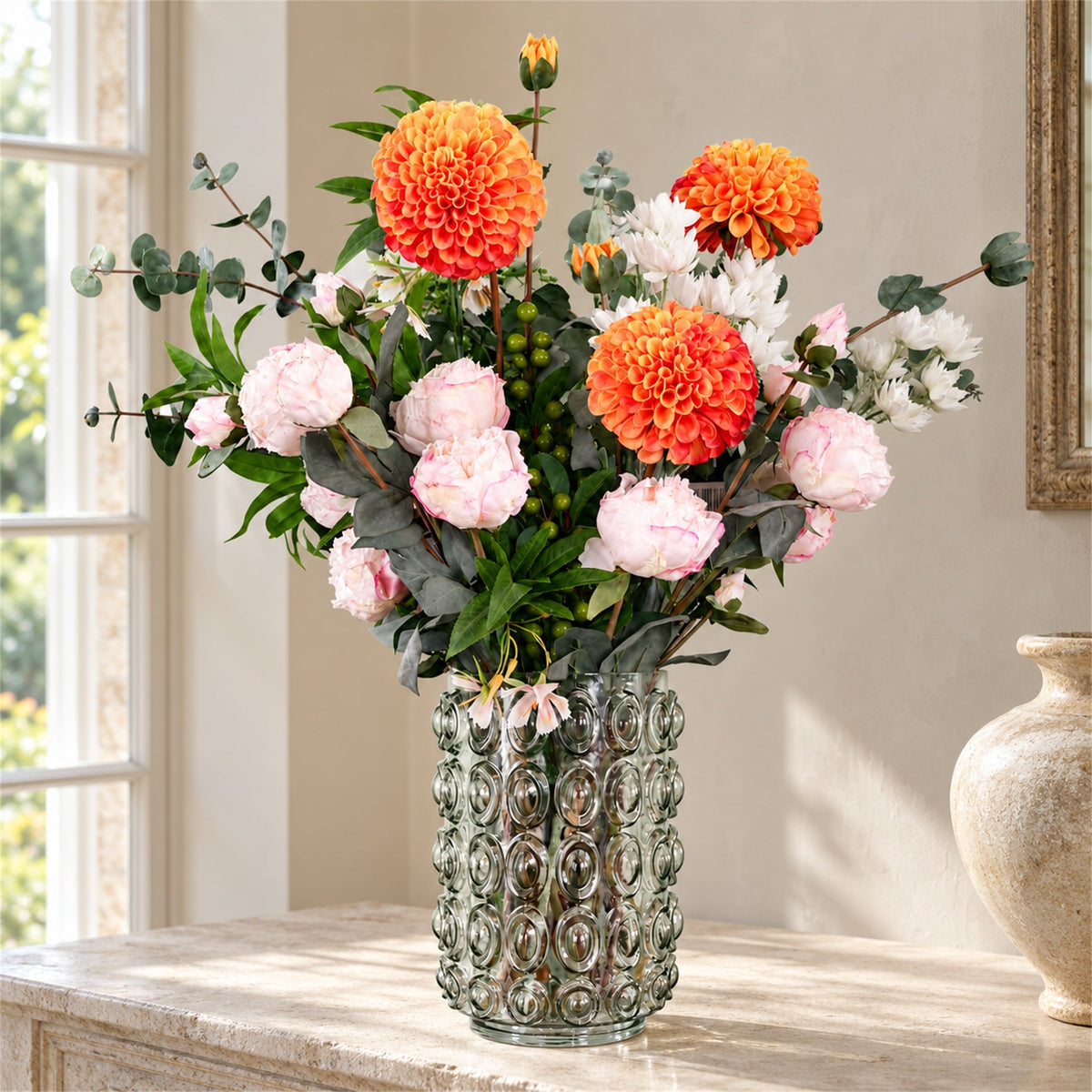 75cm Dahlia Peony Artificial Foliage Retro Vase