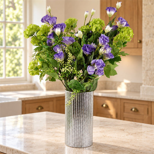 60cm Artificial Purple Wild Rose Arrangement Silver Glass Vase