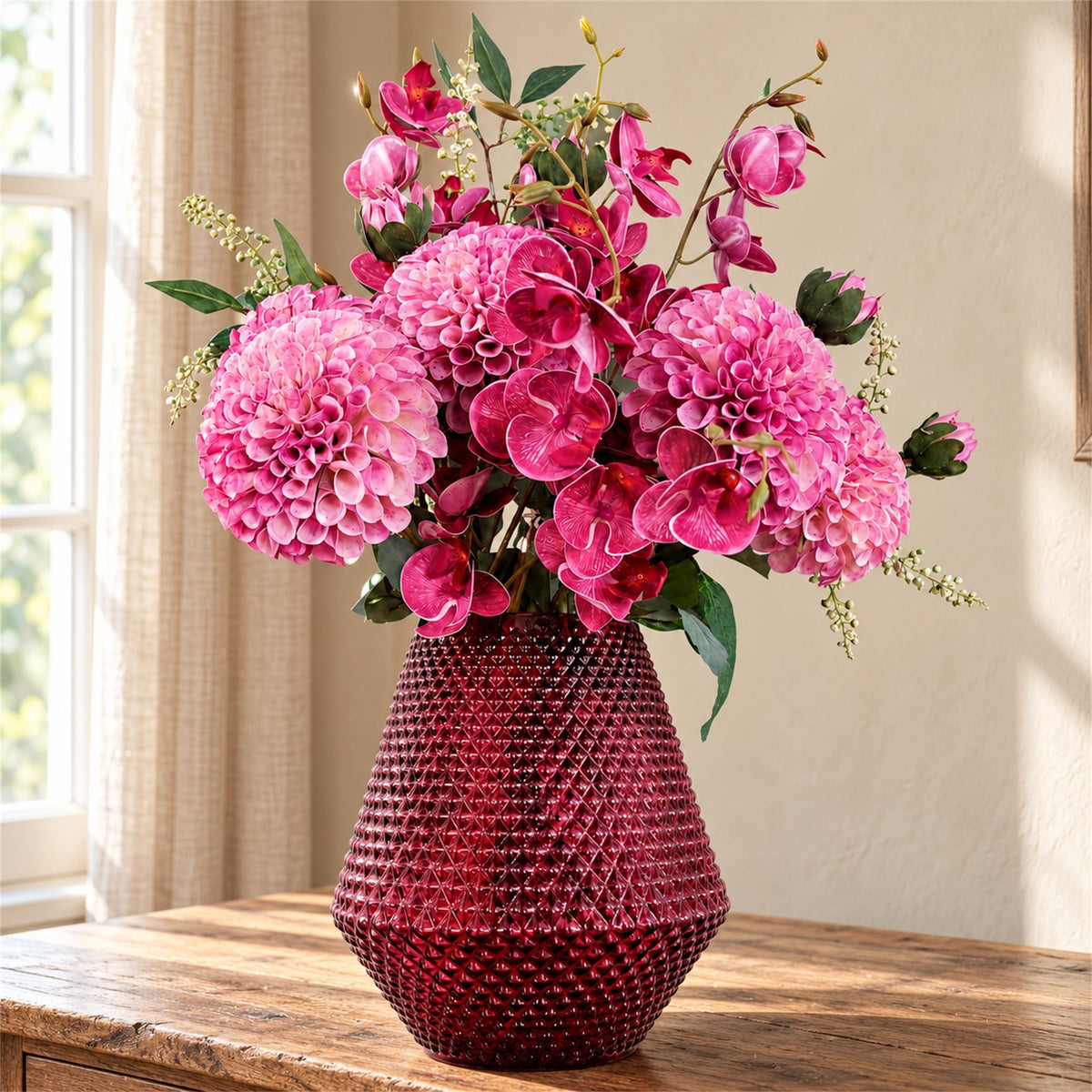 50cm Artificial Pretty Pink Dahlia Display Glass Vase
