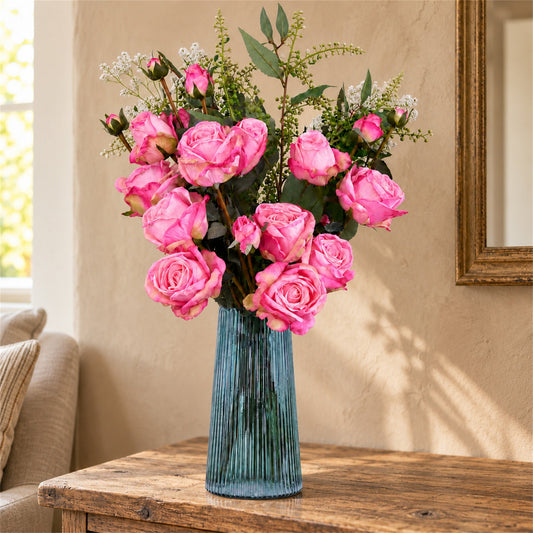 60cm Pink Rose Artificial Flower Display Glass Vase