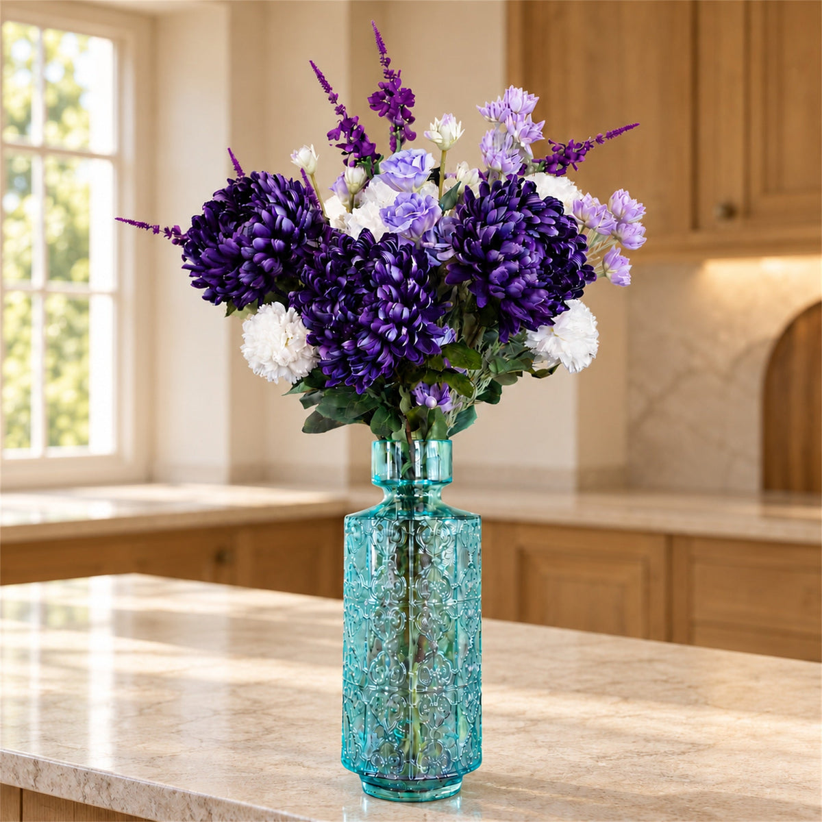 80cm Artificial Purple Chrysanthemum Arrangement Glass Vase