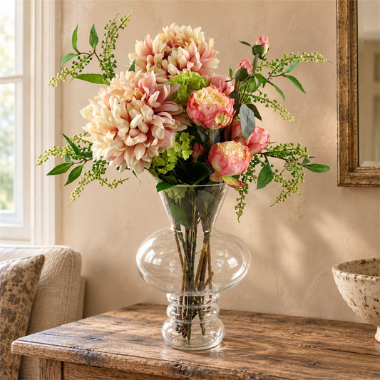 60cm Artificial Pink Chrysanthemum Display Glass Bubble Vase