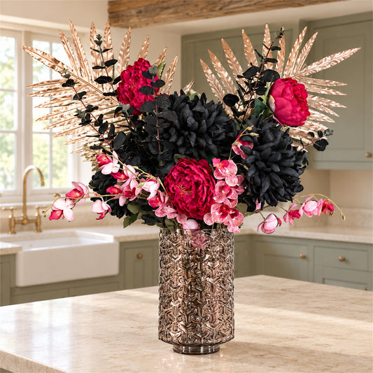 80cm Artificial Gold Palm and Peony Glass Vase