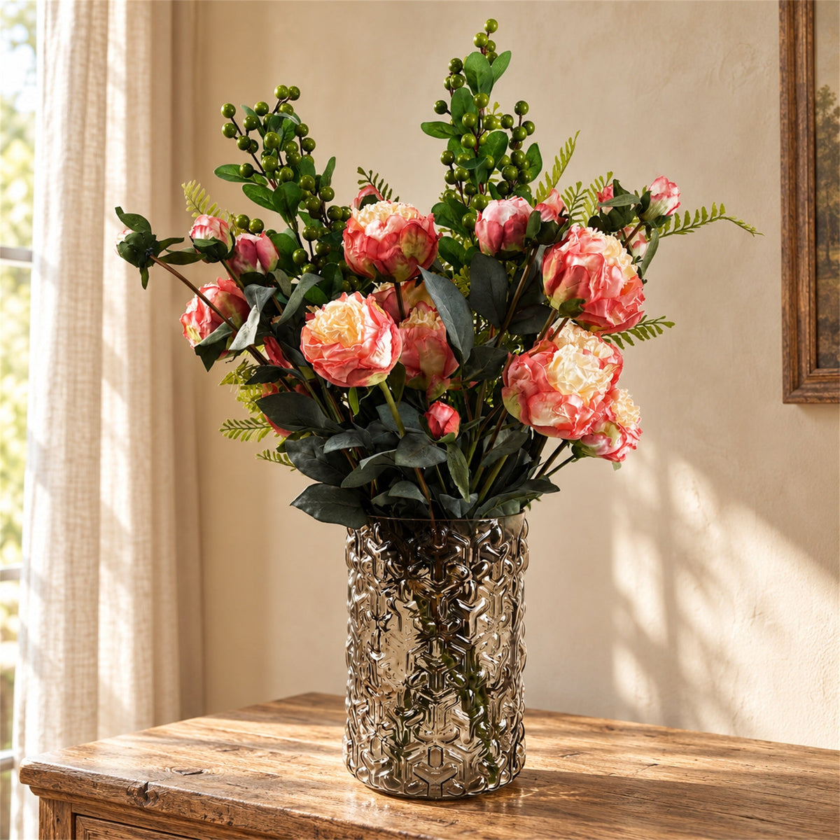 70cm Artificial Pink Peony Arrangement Glass Vase
