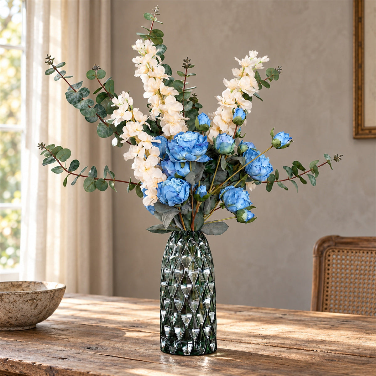 80cm Artificial Blue Peony White Delphinium Eucalyptus Glass Vase