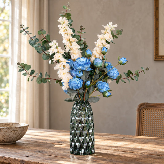 80cm Artificial Blue Peony White Delphinium Eucalyptus Glass Vase