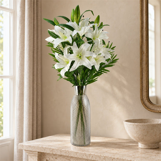 100cm Artificial White Lily and Fern Display Glass Vase