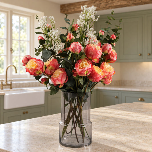 60cm Smoke Grey Vase Pink Peonies and Artificial Eucalyptus