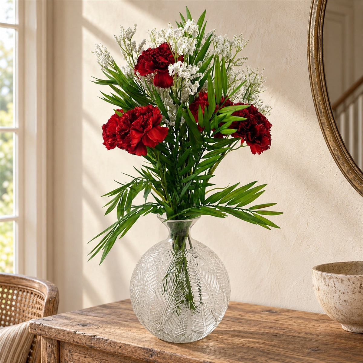 65cm Artificial Red Carnations Glass Ball Vase