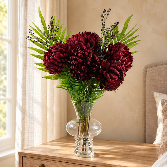 95cm Red Chrysanthemum Artificial Flowers Glass Bubble Vase