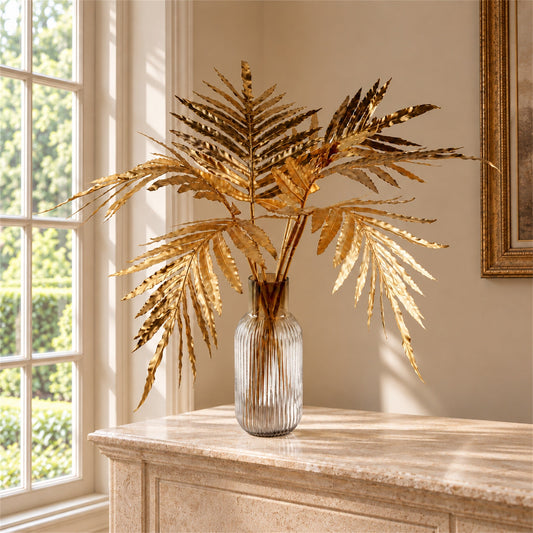 80cm Artificial Gold Palm Leaves Gold Ombre Glass Vase