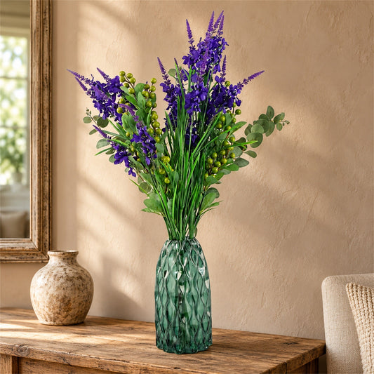 80cm Artificial Purple Larkspur and Berries Glass Vase