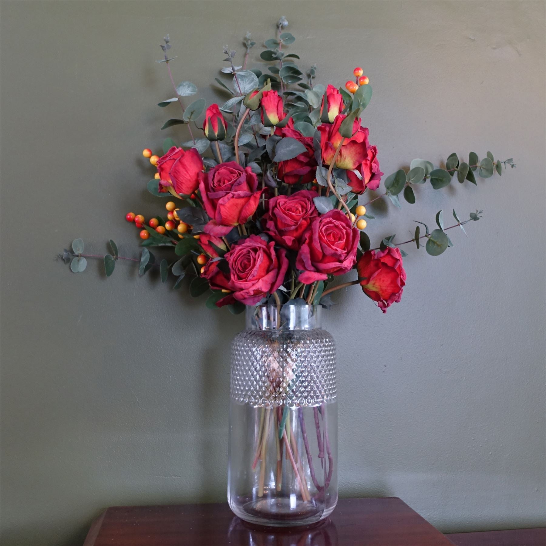 60cm Artificial Red Rose and Eucalyptus Glass Diamond Vase – image 6