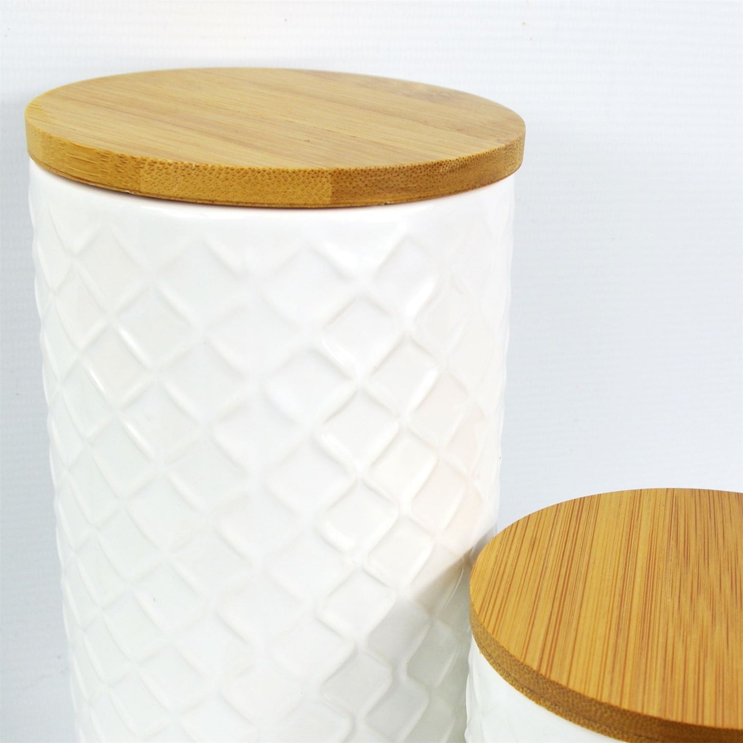 Set of Two Ceramic Jars Embossed Cream Canisters with Lids – image 4