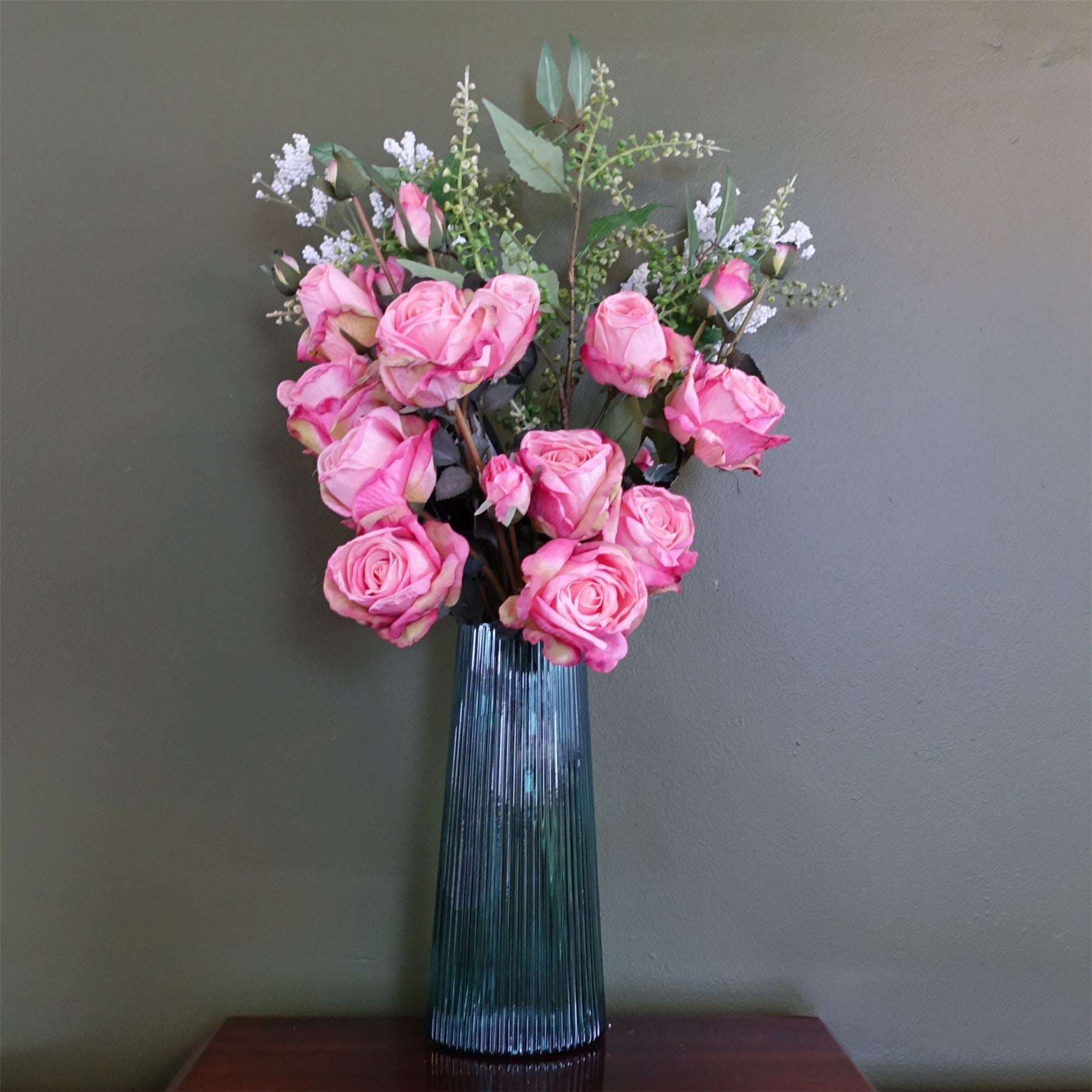 60cm Pink Rose Artificial Flower Display Glass Vase – image 6