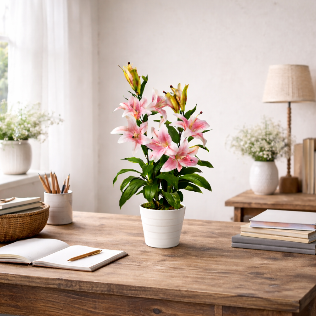Artificial 90cm Lily Stargazer Style Lillies Plant Large Flowers Pink – image 2