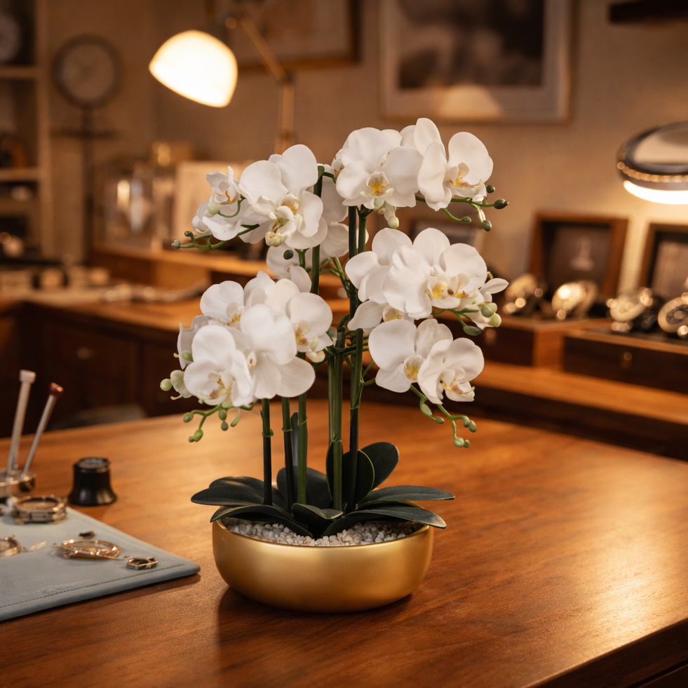 Artificial 60cm Orchid White Gold Ceramic Planter – image 2