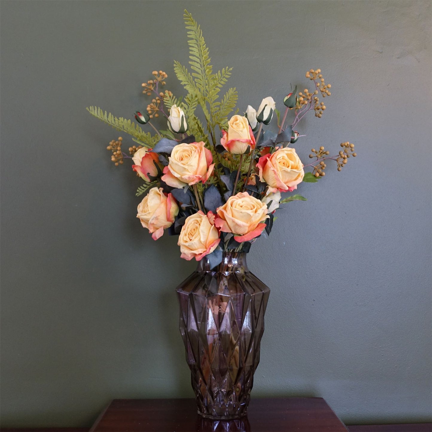 65cm Artificial Yellow Rose Display Geometric Glass Vase – image 6