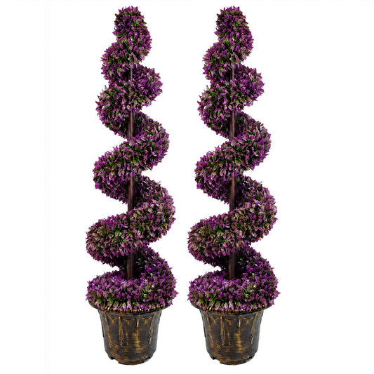 120cm Artificial Pair of Purple Leaf Spiral Topiary Trees Planters