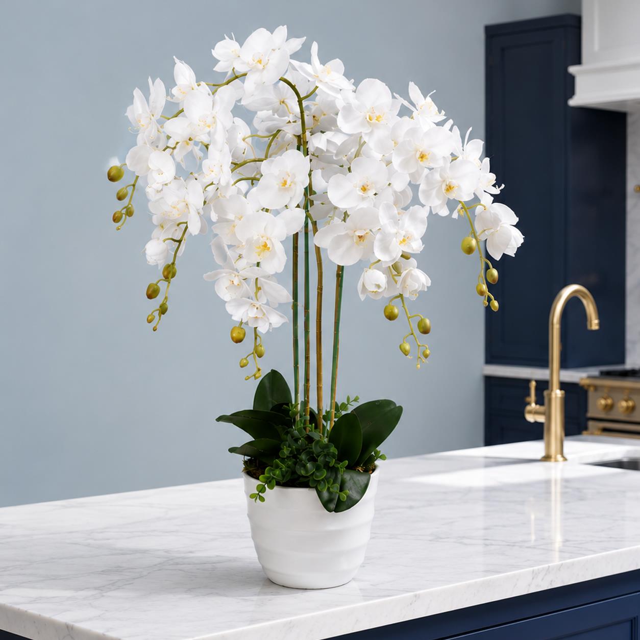 85cm Artificial Deluxe Bush Orchid White Flowers White Pot