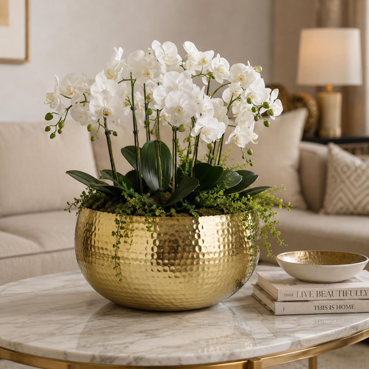 Leaf XL Metal Bowl Planter 32 x 20cm Hammered Gold Colour Curvy Edge – image 2