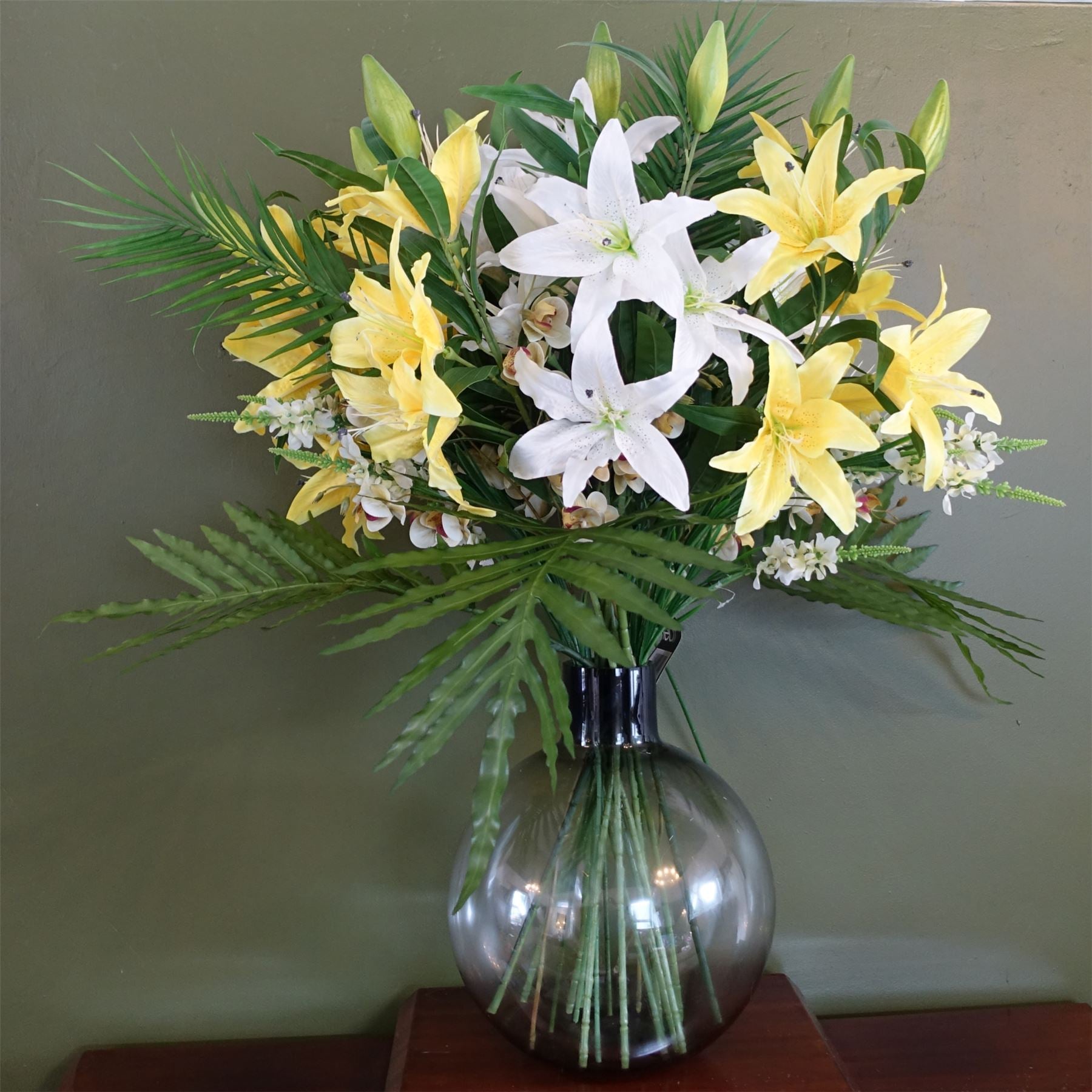 100cm Artificial Lily Palm Flowers Glass Ball Vase – image 4