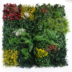 100cm Artificial Tropical Mixed Foliage Green Wall Panel with Red and Yellow Floral Detail