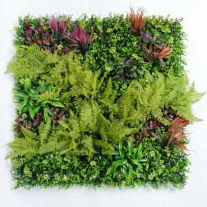 100cm Artificial Fern & Mixed Foliage Green Wall Panel with Burgundy and Grass Accents