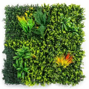 100cm Artificial Mixed Green Foliage Wall Panel with Ferns and Yellow Grass Accents