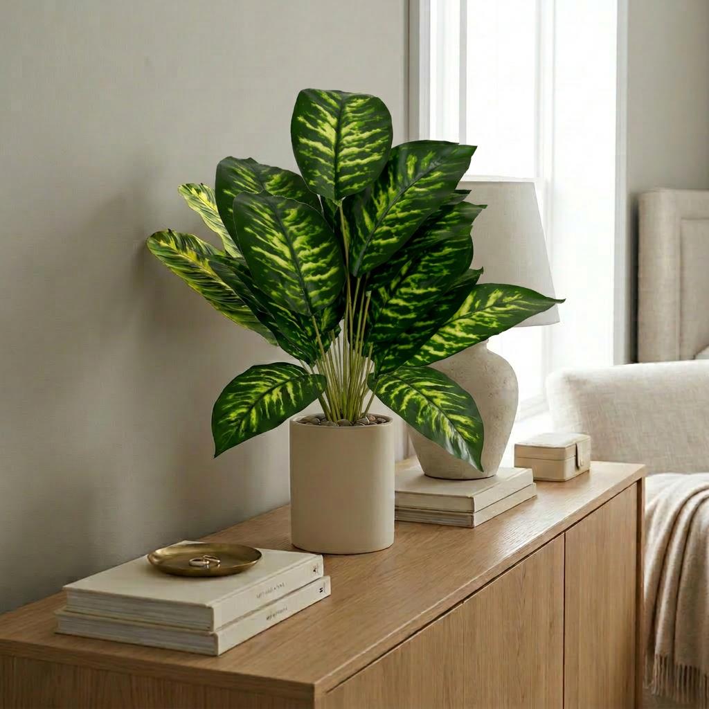 60cm Artificial Dieffenbachia Style Stem Plant Green Variegated Faux Foliage  - Leaf Design Wholesale